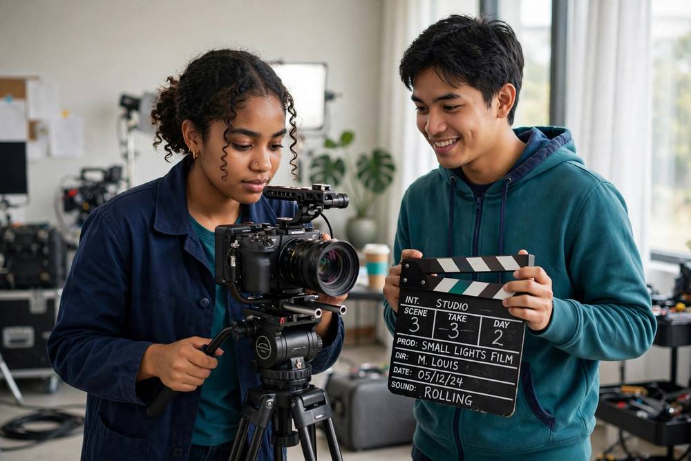 A young filmmaker setting up a cinema camera while a colleague holds the clapperboard
