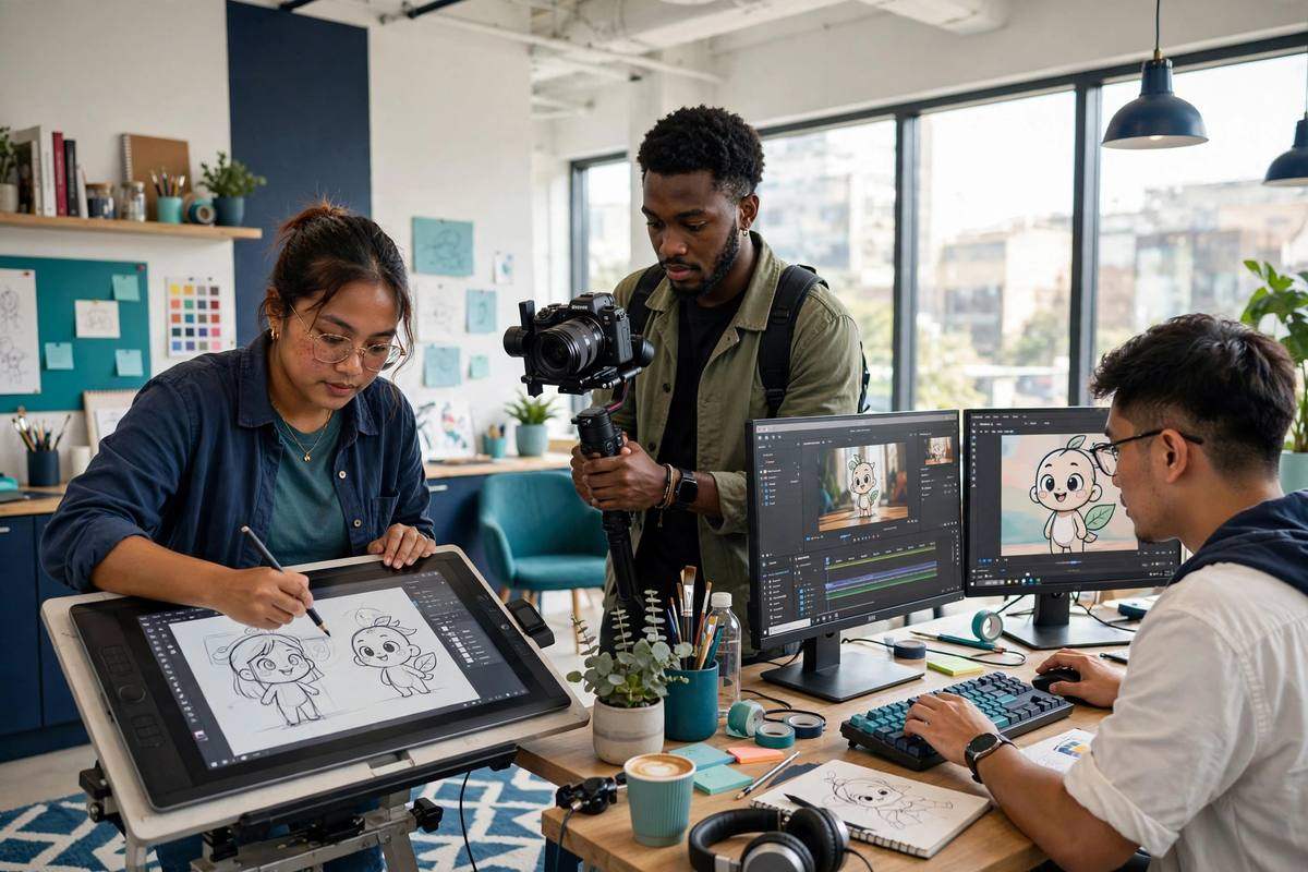Young professionals at work in a bright studio: an animator drawing on a tablet, a camera operator filming, and a video editor at his desk