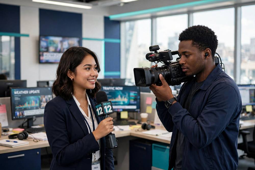 A young reporter holding a microphone while a camera operator films her in a bright newsroom